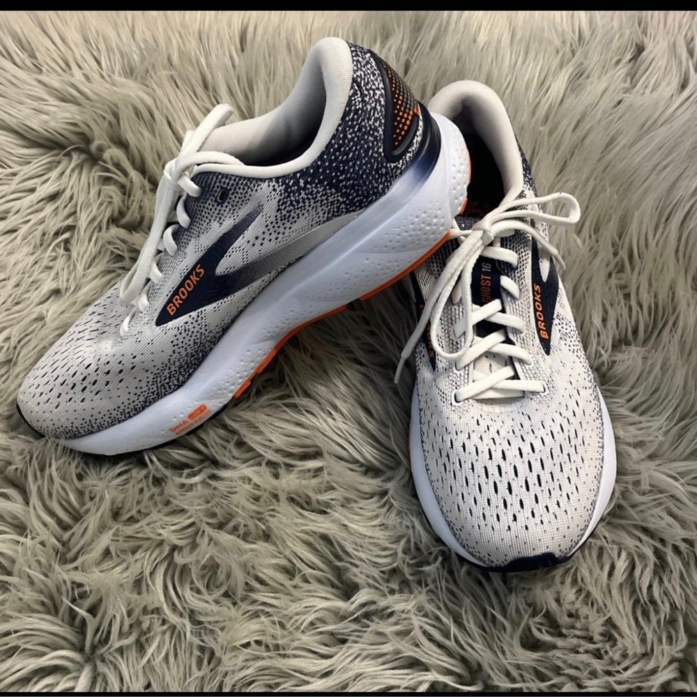 Brooks men White and Navy Running Shoes with Orange Details